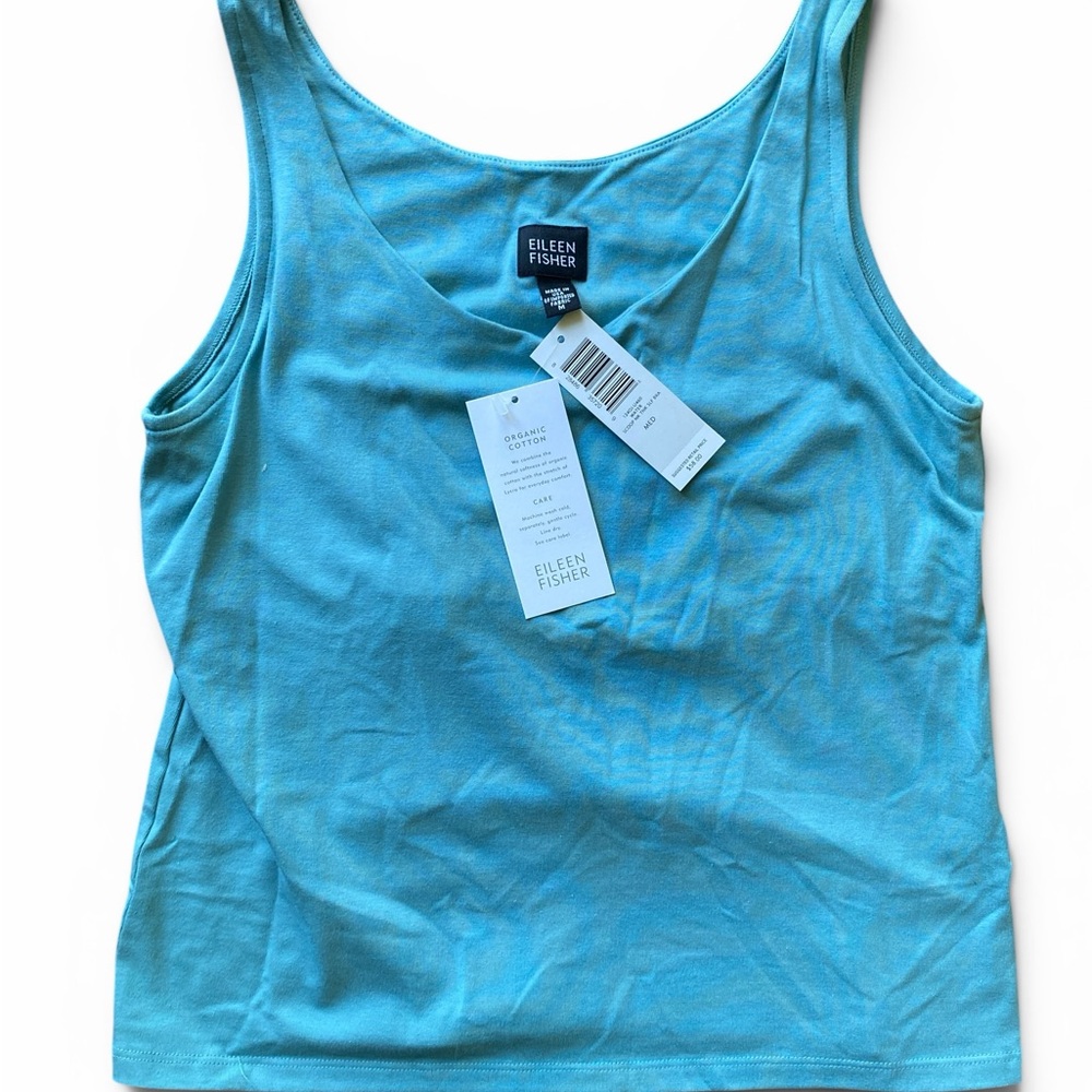 NWT EILEEN FISHER Teal Blue Scoop Neck Cotton Tank w Built in Shelf Bra M